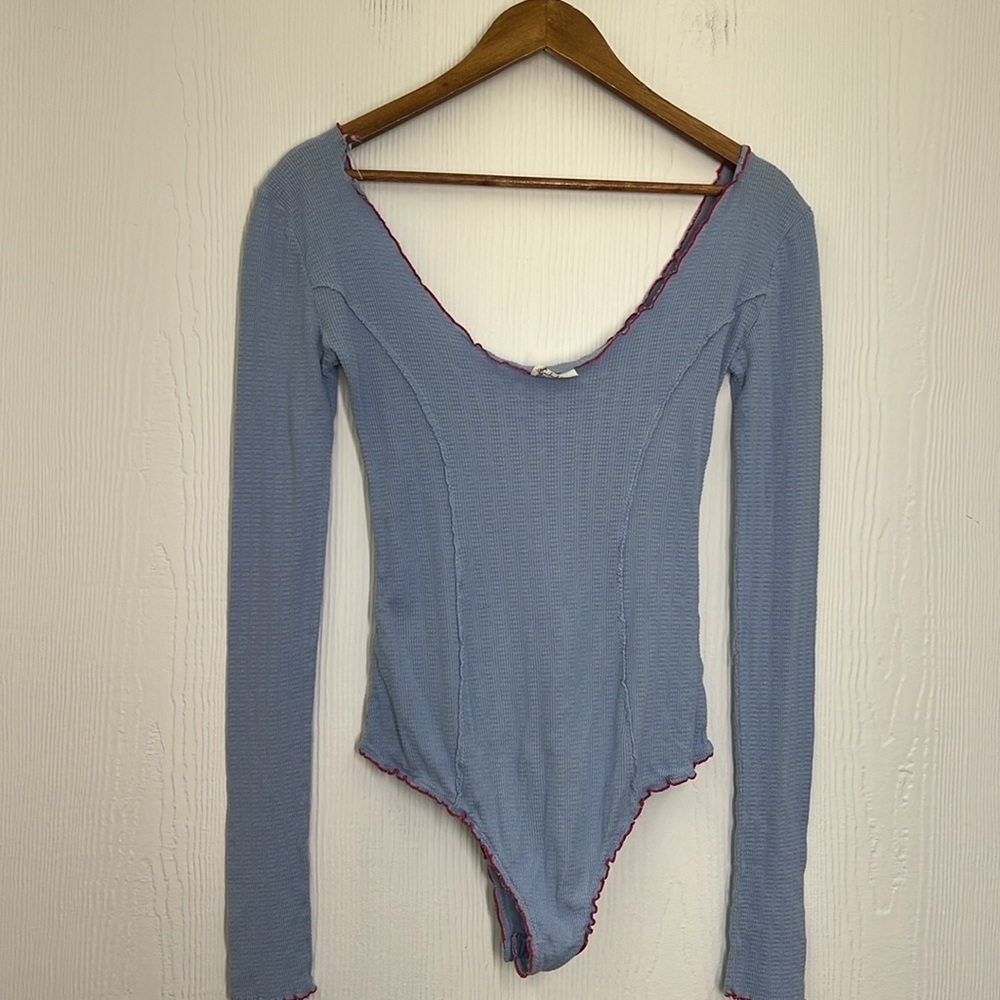Free People - Nikita Baby Blue Red Trim Ribbed Long Sleeve Bodysuit Size Large - Picture 11 of 12